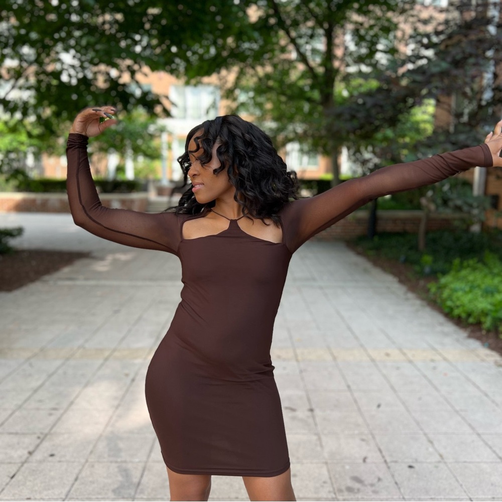 Knit Mesh Long Sleeve Cut-Out Mini Dress